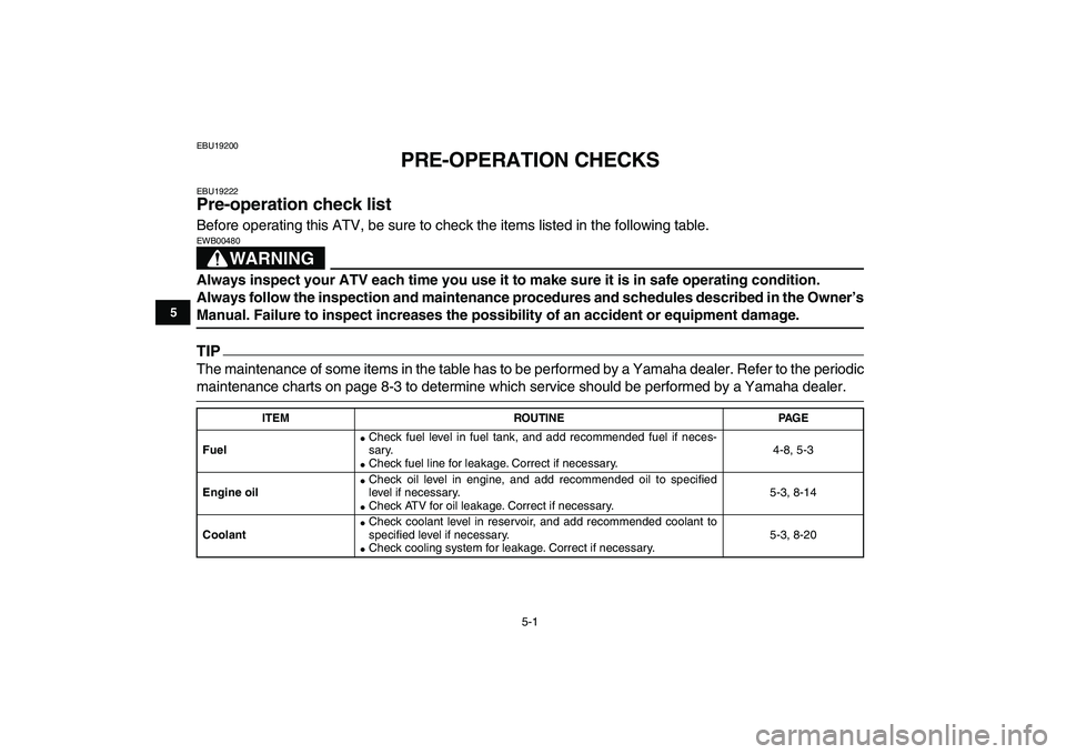 YAMAHA YFZ450 2009 Service Manual  
5-1 
1
2
3
45
6
7
8
9
10
11
 
EBU19200 
PRE-OPERATION CHECKS 
EBU19222 
Pre-operation check list  
Before operating this ATV, be sure to check the items listed in the following table.
WARNING
 
EWB0