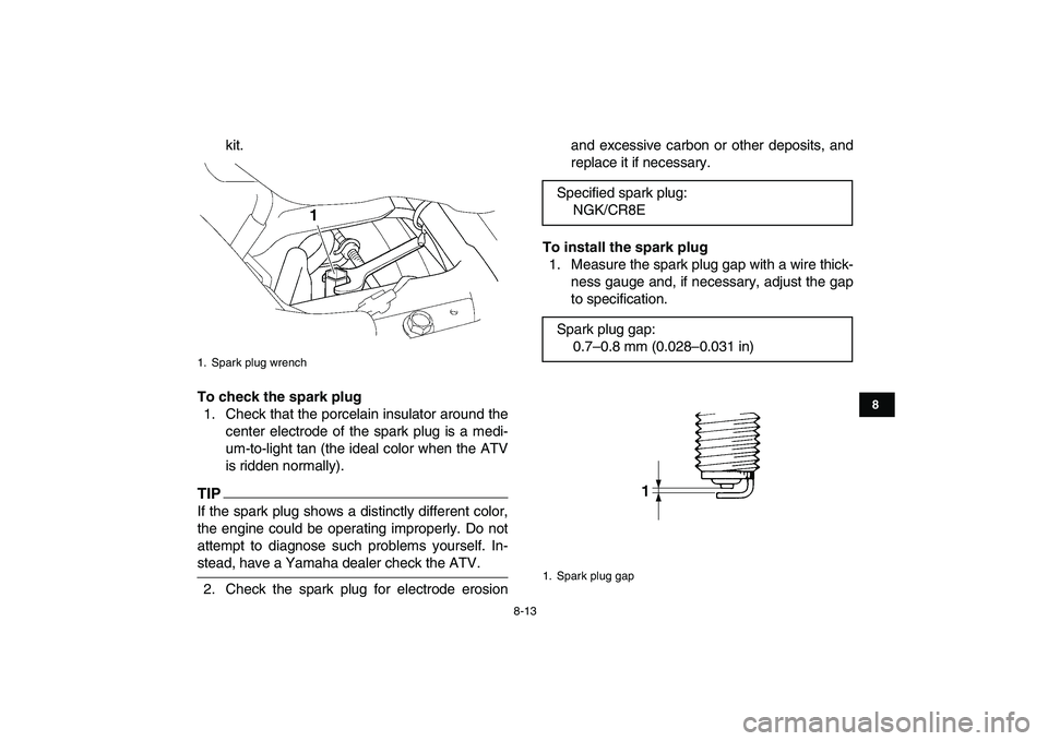 YAMAHA YFZ450 2009  Owners Manual  
8-13 
1
2
3
4
5
6
78
9
10
11
 
kit. 
To check the spark plug 
1. Check that the porcelain insulator around the
center electrode of the spark plug is a medi-
um-to-light tan (the ideal color when the