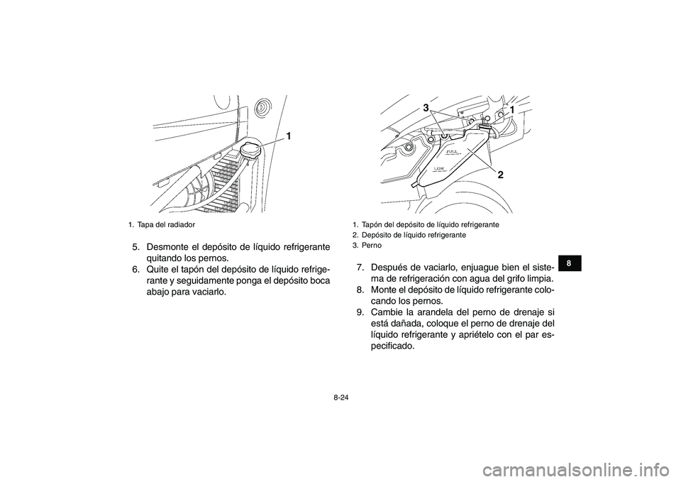 YAMAHA YFZ450 2009 Manuale de Empleo (in Spanish)
8-24
1
2
3
4
5
6
78
9
10
11
5. Desmonte el depósito de líquido refrigerante
quitando los pernos.
6. Quite el tapón del depósito de líquido refrige-
rante y seguidamente ponga el depósito bo YAMAHA YFZ450 2009 Manuale de Empleo (in Spanish)
8-24
1
2
3
4
5
6
78
9
10
11
5. Desmonte el depósito de líquido refrigerante
quitando los pernos.
6. Quite el tapón del depósito de líquido refrige-
rante y seguidamente ponga el depósito bo