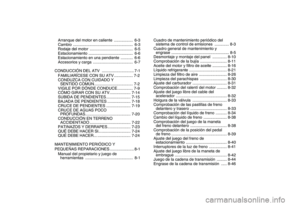 YAMAHA YFZ450 2009 Manuale de Empleo (in Spanish)
Arranque del motor en caliente ................. 6-3
Cambio ...................................................... 6-3
Rodaje del motor ....................................... 6-5
Estacionamien YAMAHA YFZ450 2009 Manuale de Empleo (in Spanish)
Arranque del motor en caliente ................. 6-3
Cambio ...................................................... 6-3
Rodaje del motor ....................................... 6-5
Estacionamien