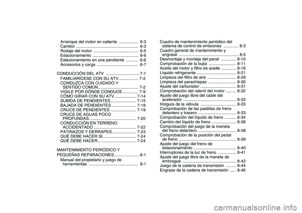 YAMAHA YFZ450 2009  Manuale de Empleo (in Spanish)  
Arranque del motor en caliente  .................  6-3
Cambio ......................................................  6-3
Rodaje del motor  .......................................  6-5
Estacionamien