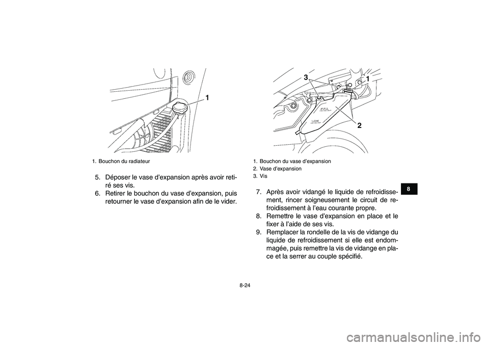 YAMAHA YFZ450 2009 Notices Demploi (in French)
8-24
1
2
3
4
5
6
78
9
10
11
5. Déposer le vase d’expansion après avoir reti-
ré ses vis.
6. Retirer le bouchon du vase d’expansion, puis
retourner le vase d’expansion afin de le vider.7. YAMAHA YFZ450 2009 Notices Demploi (in French)
8-24
1
2
3
4
5
6
78
9
10
11
5. Déposer le vase d’expansion après avoir reti-
ré ses vis.
6. Retirer le bouchon du vase d’expansion, puis
retourner le vase d’expansion afin de le vider.7.