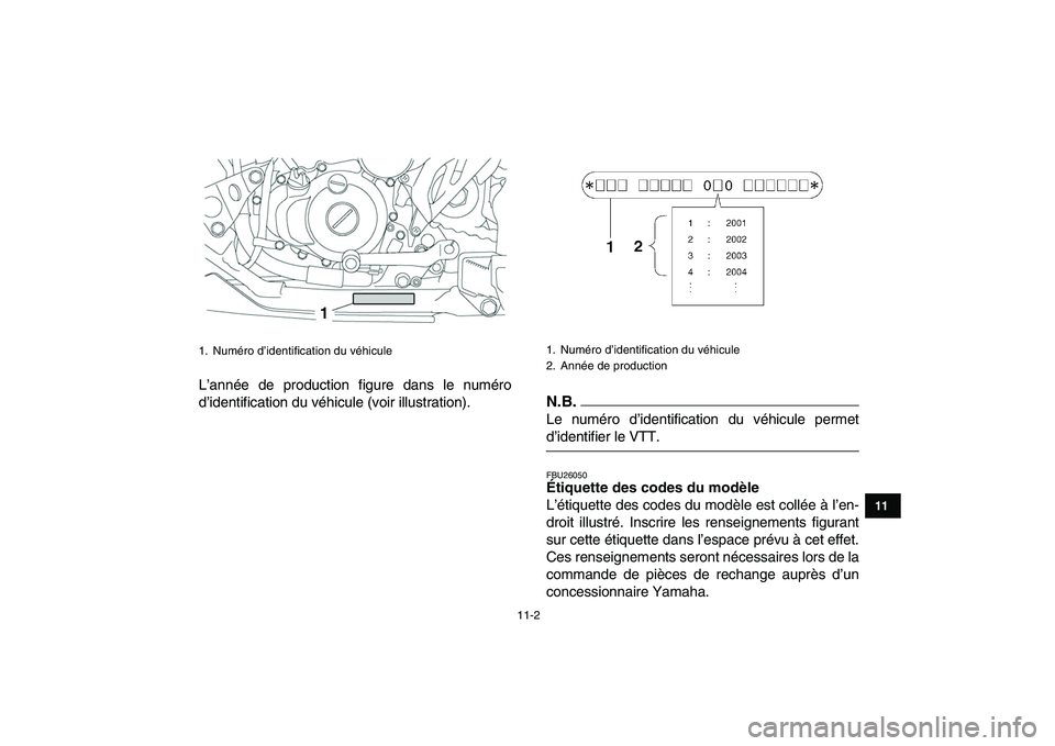 YAMAHA YFZ450 2009 Notices Demploi (in French)
11-2
1
2
3
4
5
6
7
8
9
1011
L’année de production figure dans le numéro
d’identification du véhicule (voir illustration).N.B.
Le numéro d’identification du véhicule permet
d’identi YAMAHA YFZ450 2009 Notices Demploi (in French)
11-2
1
2
3
4
5
6
7
8
9
1011
L’année de production figure dans le numéro
d’identification du véhicule (voir illustration).N.B.
Le numéro d’identification du véhicule permet
d’identi