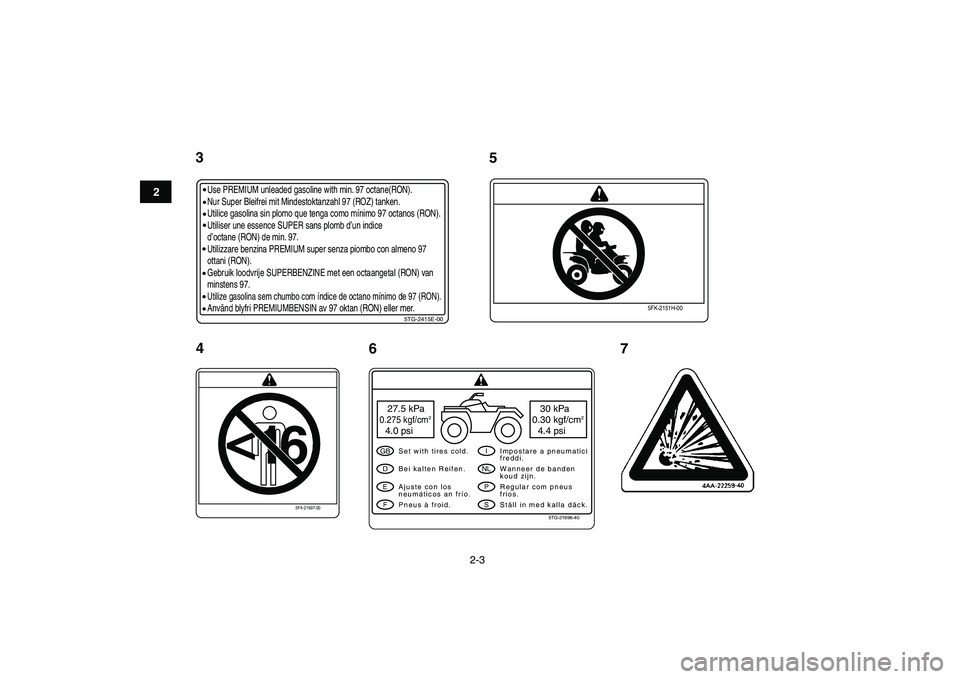 YAMAHA YFZ450 2009  Notices Demploi (in French)  
2-3 
12
3
4
5
6
7
8
9
10
11
3Use PREMIUM unleaded gasoline with min. 97 octane(RON).
Nur Super Bleifrei mit Mindestoktanzahl 97 (ROZ) tanken.
Utilice gasolina sin plomo que tenga como mínimo 97 oct