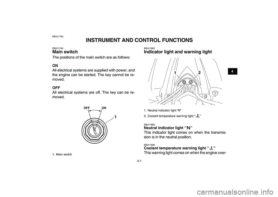 YAMAHA YFZ450 2008 Owners Manual  
4-1 
1
2
34
5
6
7
8
9
10
11
 
EBU17730 
INSTRUMENT AND CONTROL FUNCTIONS 
EBU17740 
Main switch  
The positions of the main switch are as follows: 
ON 
All electrical systems are supplied with power