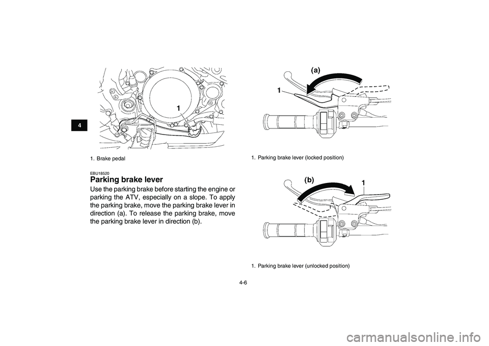 YAMAHA YFZ450 2008 Owners Manual  
4-6 
1
2
34
5
6
7
8
9
10
11
 
EBU18520 
Parking brake lever  
Use the parking brake before starting the engine or
parking the ATV, especially on a slope. To apply
the parking brake, move the parking