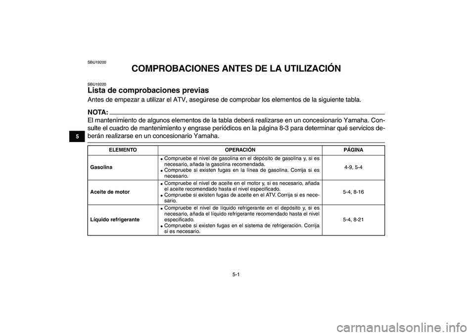 YAMAHA YFZ450 2008  Manuale de Empleo (in Spanish)  
5-1 
1
2
3
45
6
7
8
9
10
11
 
SBU19200 
COMPROBACIONES ANTES DE LA UTILIZACIÓN 
SBU19220 
Lista de comprobaciones previas  
Antes de empezar a utilizar el ATV, asegúrese de comprobar los elementos