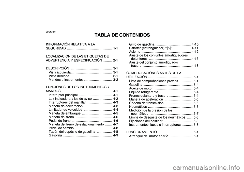 YAMAHA YFZ450 2008  Manuale de Empleo (in Spanish)  
SBU17420 
TABLA DE CONTENIDOS 
INFORMACIÓN RELATIVA A LA 
SEGURIDAD ................................................. 1-1
LOCALIZACIÓN DE LAS ETIQUETAS DE 
ADVERTENCIA Y ESPECIFICACIÓN  .........