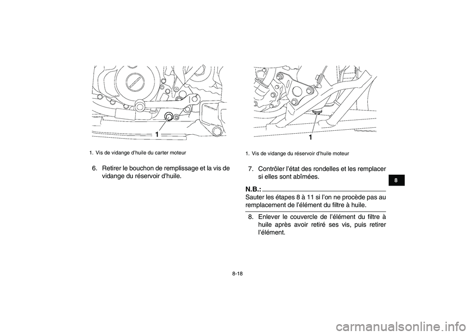 YAMAHA YFZ450 2008 Notices Demploi (in French)
8-18
1
2
3
4
5
6
78
9
10
11
6. Retirer le bouchon de remplissage et la vis de
vidange du réservoir d’huile.7. Contrôler l’état des rondelles et les remplacer
si elles sont abîmées.N.B.: YAMAHA YFZ450 2008 Notices Demploi (in French)
8-18
1
2
3
4
5
6
78
9
10
11
6. Retirer le bouchon de remplissage et la vis de
vidange du réservoir d’huile.7. Contrôler l’état des rondelles et les remplacer
si elles sont abîmées.N.B.: