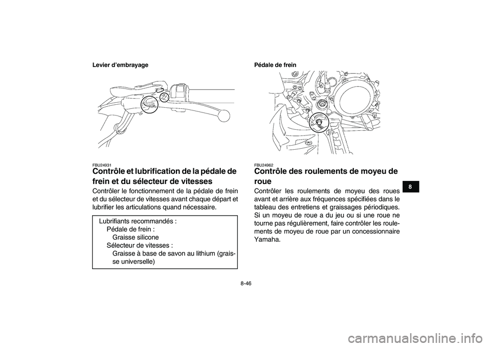 YAMAHA YFZ450 2008 Notices Demploi (in French)
8-46
1
2
3
4
5
6
78
9
10
11
Levier d’embrayage
FBU24931
Contrôle et lubrification de la pédale de
frein et du sélecteur de vitesses
Contrôler le fonctionnement de la pédale de frein
et YAMAHA YFZ450 2008 Notices Demploi (in French)
8-46
1
2
3
4
5
6
78
9
10
11
Levier d’embrayage
FBU24931
Contrôle et lubrification de la pédale de
frein et du sélecteur de vitesses
Contrôler le fonctionnement de la pédale de frein
et