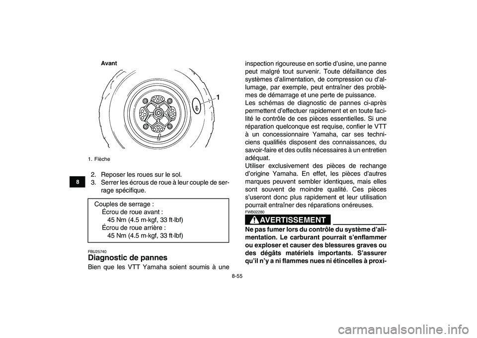 YAMAHA YFZ450 2008 Notices Demploi (in French)
8-55
1
2
3
4
5
6
78
9
10
11
Avant
2. Reposer les roues sur le sol.
3. Serrer les écrous de roue à leur couple de ser-
rage spécifique.
FBU25740
Diagnostic de pannes
Bien que les VTT Yamaha YAMAHA YFZ450 2008 Notices Demploi (in French)
8-55
1
2
3
4
5
6
78
9
10
11
Avant
2. Reposer les roues sur le sol.
3. Serrer les écrous de roue à leur couple de ser-
rage spécifique.
FBU25740
Diagnostic de pannes
Bien que les VTT Yamaha