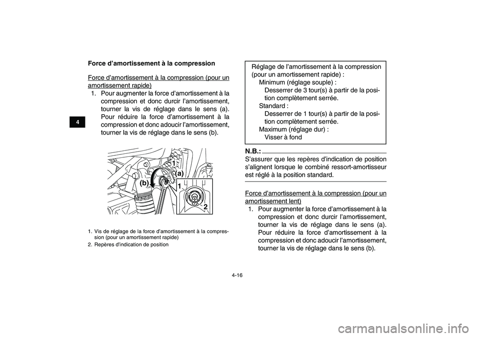YAMAHA YFZ450 2008  Notices Demploi (in French)  
4-16 
1
2
34
5
6
7
8
9
10
11
 
Force d’amortissement à la compression 
Force d’amortissement à la compression (pour un
amortissement rapide)1. Pour augmenter la force d’amortissement à la
c