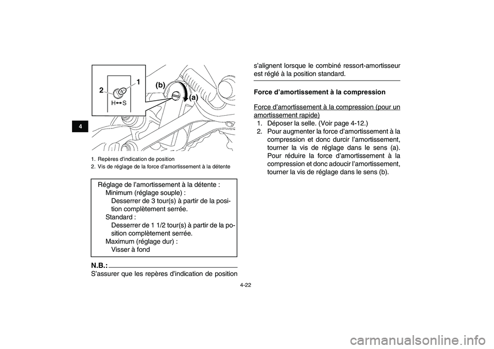 YAMAHA YFZ450 2008  Notices Demploi (in French)  
4-22 
1
2
34
5
6
7
8
9
10
11
N.B.:
 
S’assurer que les repères d’indication de positions’alignent lorsque le combiné ressort-amortisseur 
est réglé à la position standard. 
Force d’amor