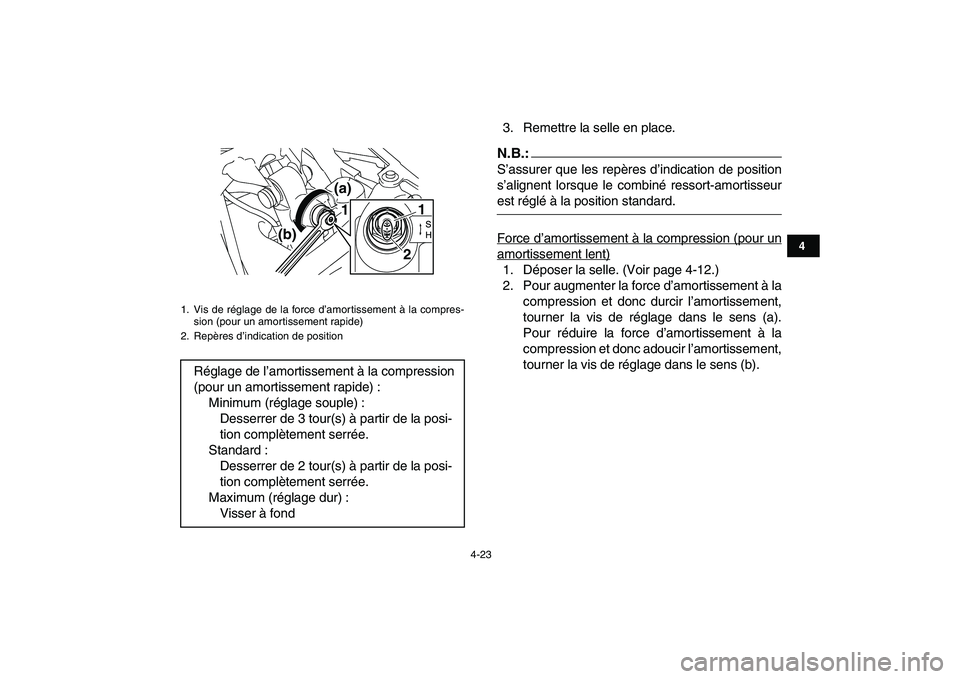 YAMAHA YFZ450 2008  Notices Demploi (in French)  
4-23 
1
2
34
5
6
7
8
9
10
11
 
3. Remettre la selle en place.N.B.: 
S’assurer que les repères d’indication de position
s’alignent lorsque le combiné ressort-amortisseur 
est réglé à la po