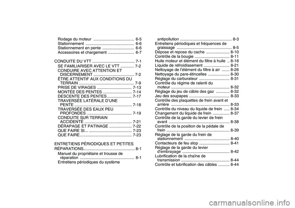 YAMAHA YFZ450 2008 Notices Demploi (in French)
Rodage du moteur .................................... 6-5
Stationnement ........................................... 6-6
Stationnement en pente ............................ 6-6
Accessoires et ch YAMAHA YFZ450 2008 Notices Demploi (in French)
Rodage du moteur .................................... 6-5
Stationnement ........................................... 6-6
Stationnement en pente ............................ 6-6
Accessoires et ch