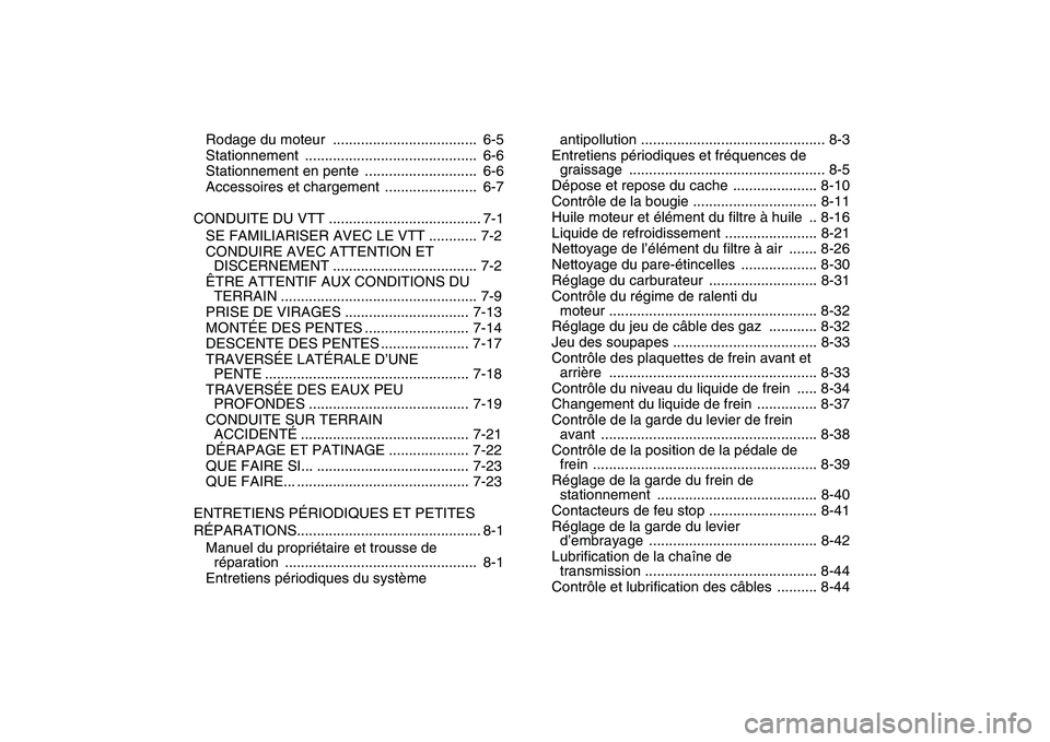 YAMAHA YFZ450 2008  Notices Demploi (in French)  
Rodage du moteur  ....................................  6-5
Stationnement ...........................................  6-6
Stationnement en pente  ............................  6-6
Accessoires et ch