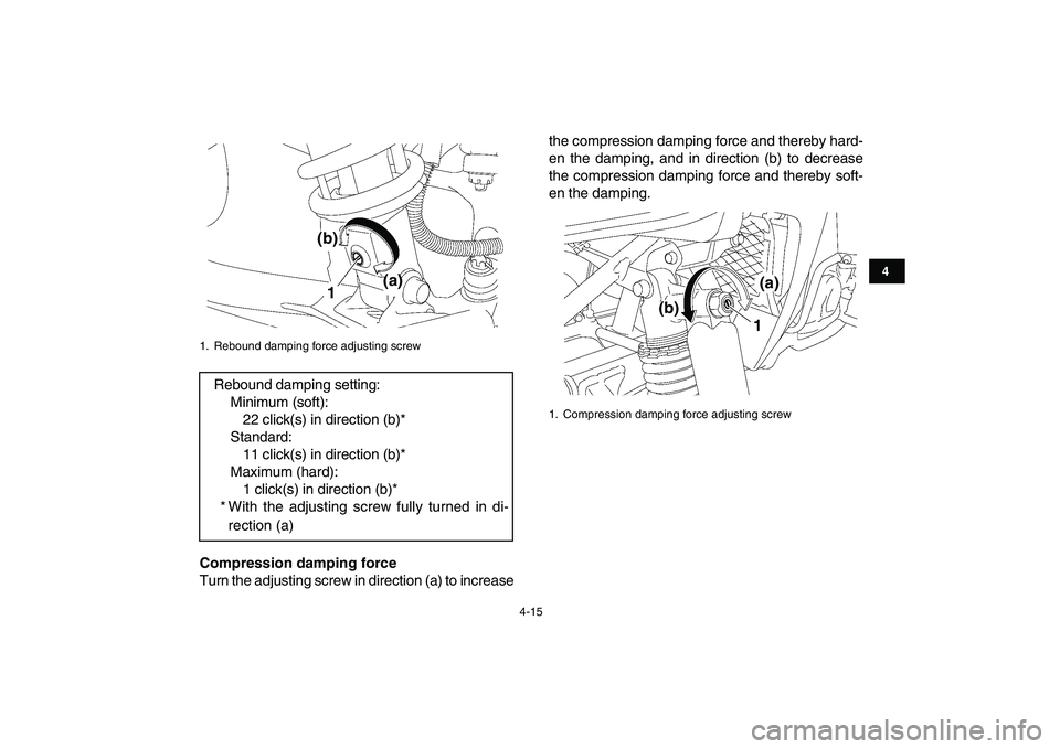 YAMAHA YFZ450 2007 Owners Guide  
4-15 
1
2
34
5
6
7
8
9
10
11
 
Compression damping force 
Turn the adjusting screw in direction (a) to increasethe compression damping force and thereby hard-
en the damping, and in direction (b) to