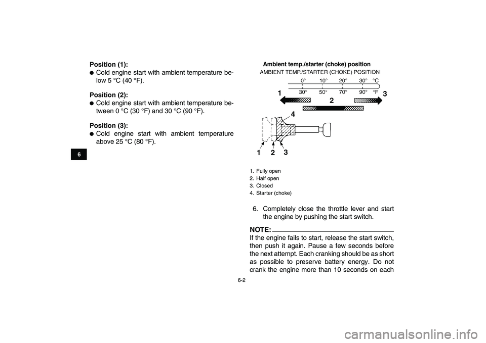 YAMAHA YFZ450 2007 Workshop Manual  
6-2 
1
2
3
4
56
7
8
9
10
11
 
Position (1): 
 
Cold engine start with ambient temperature be-
low 5 °C (40 °F). 
Position (2): 
 
Cold engine start with ambient temperature be-
tween 0 °C (30 