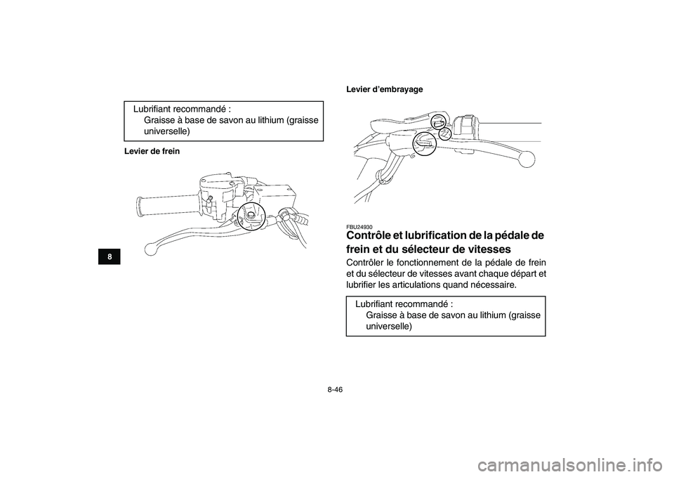 YAMAHA YFZ450 2007  Notices Demploi (in French)  
8-46 
1
2
3
4
5
6
78
9
10
11
Levier de freinLevier d’embrayage
 
FBU24930 
Contrôle et lubrification de la pédale de 
frein et du sélecteur de vitesses  
Contrôler le fonctionnement de la péd