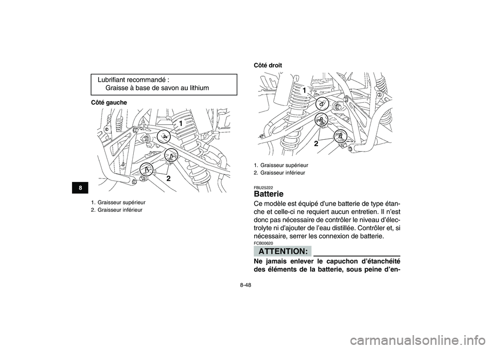 YAMAHA YFZ450 2007  Notices Demploi (in French)  
8-48 
1
2
3
4
5
6
78
9
10
11
Côté gaucheCôté droit
 
FBU25222 
Batterie  
Ce modèle est équipé d’une batterie de type étan-
che et celle-ci ne requiert aucun entretien. Il n’est
donc pas