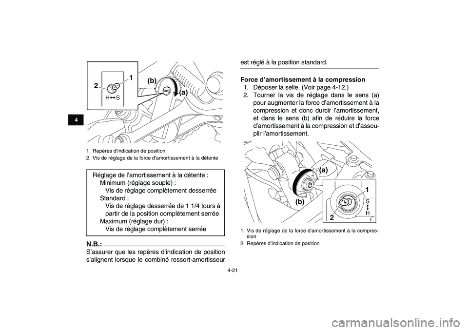 YAMAHA YFZ450 2007  Notices Demploi (in French)  
4-21 
1
2
34
5
6
7
8
9
10
11
N.B.:
 
S’assurer que les repères d’indication de position
s’alignent lorsque le combiné ressort-amortisseur 
est réglé à la position standard. 
Force d’amo