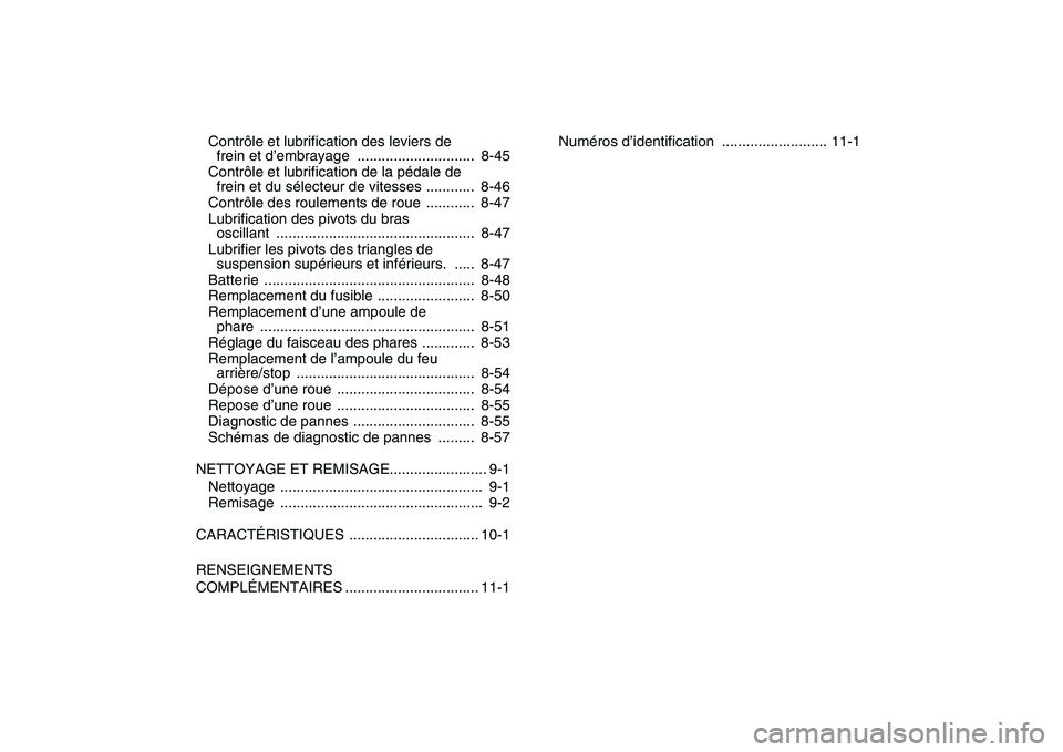 YAMAHA YFZ450 2007  Notices Demploi (in French)  
Contrôle et lubrification des leviers de 
frein et d’embrayage  .............................  8-45
Contrôle et lubrification de la pédale de 
frein et du sélecteur de vitesses ............  8