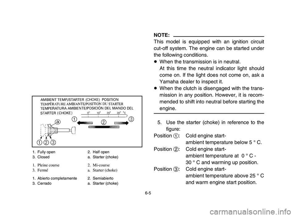 YAMAHA YFZ450 2006 Owners Manual 6-5
NOTE:
This model is equipped with an ignition circuit
cut-off system. The engine can be started under
the following conditions.
8When the transmission is in neutral.
At this time the neutral indic YAMAHA YFZ450 2006 Owners Manual 6-5
NOTE:
This model is equipped with an ignition circuit
cut-off system. The engine can be started under
the following conditions.
8When the transmission is in neutral.
At this time the neutral indic