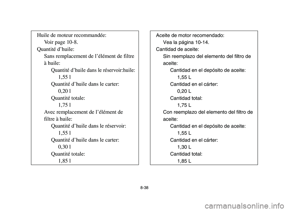 YAMAHA YFZ450 2006 Notices Demploi (in French) 8-38
Huile de moteur recommandée:
Voir page 10-8.
Quantité d’huile:
Sans remplacement de l’élément de filtre
à huile:
Quantité d’huile dans le réservoir:huile:
1,55 l
Quantité d’huile YAMAHA YFZ450 2006 Notices Demploi (in French) 8-38
Huile de moteur recommandée:
Voir page 10-8.
Quantité d’huile:
Sans remplacement de l’élément de filtre
à huile:
Quantité d’huile dans le réservoir:huile:
1,55 l
Quantité d’huile