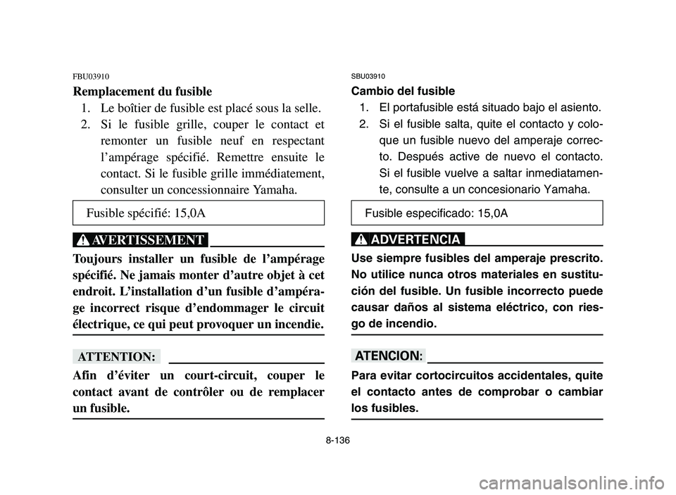YAMAHA YFZ450 2006 Notices Demploi (in French) 8-136
FBU03910
Remplacement du fusible
1. Le boîtier de fusible est placé sous la selle.
2. Si le fusible grille, couper le contact et
remonter un fusible neuf en respectant
l’ampérage spécifié YAMAHA YFZ450 2006 Notices Demploi (in French) 8-136
FBU03910
Remplacement du fusible
1. Le boîtier de fusible est placé sous la selle.
2. Si le fusible grille, couper le contact et
remonter un fusible neuf en respectant
l’ampérage spécifié