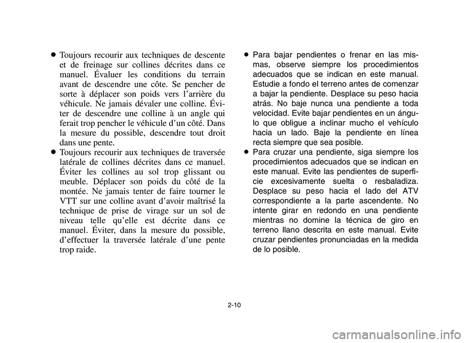 YAMAHA YFZ450 2006 Service Manual 2-10
8Toujours recourir aux techniques de descente
et de freinage sur collines décrites dans ce
manuel. Évaluer les conditions du terrain
avant de descendre une côte. Se pencher de
sorte à déplac YAMAHA YFZ450 2006 Service Manual 2-10
8Toujours recourir aux techniques de descente
et de freinage sur collines décrites dans ce
manuel. Évaluer les conditions du terrain
avant de descendre une côte. Se pencher de
sorte à déplac