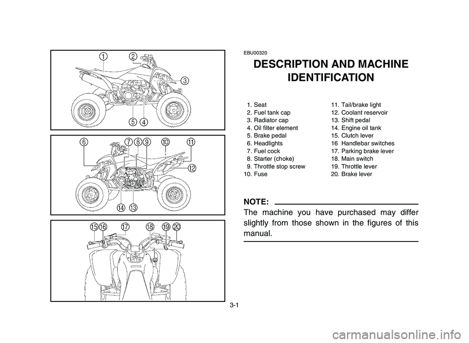 YAMAHA YFZ450 2006 Owners Manual 3-1
EBU00320
DESCRIPTION AND MACHINE
IDENTIFICATION
1. Seat 11. Tail/brake light
2. Fuel tank cap 12. Coolant reservoir
3. Radiator cap 13. Shift pedal
4. Oil filter element 14. Engine oil tank
5. Bra YAMAHA YFZ450 2006 Owners Manual 3-1
EBU00320
DESCRIPTION AND MACHINE
IDENTIFICATION
1. Seat 11. Tail/brake light
2. Fuel tank cap 12. Coolant reservoir
3. Radiator cap 13. Shift pedal
4. Oil filter element 14. Engine oil tank
5. Bra