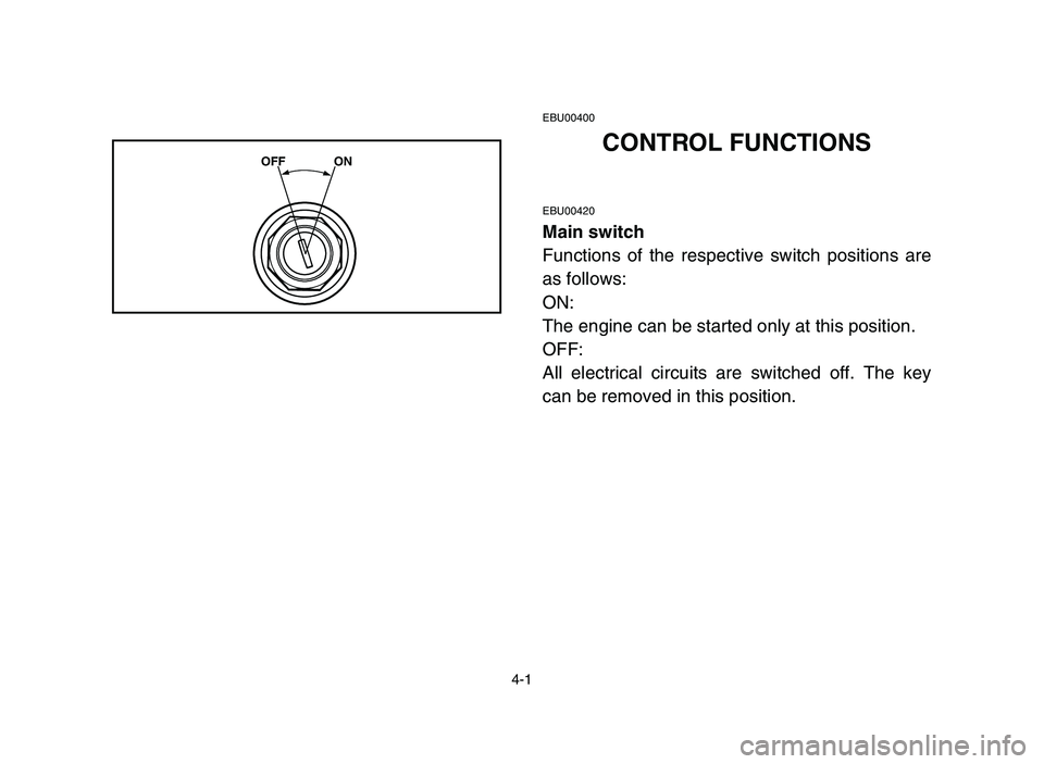 YAMAHA YFZ450 2006  Notices Demploi (in French) 4-1
EBU00400
CONTROL FUNCTIONS
EBU00420
Main switch
Functions of the respective switch positions are
as follows:
ON:
The engine can be started only at this position.
OFF:
All electrical circuits are s