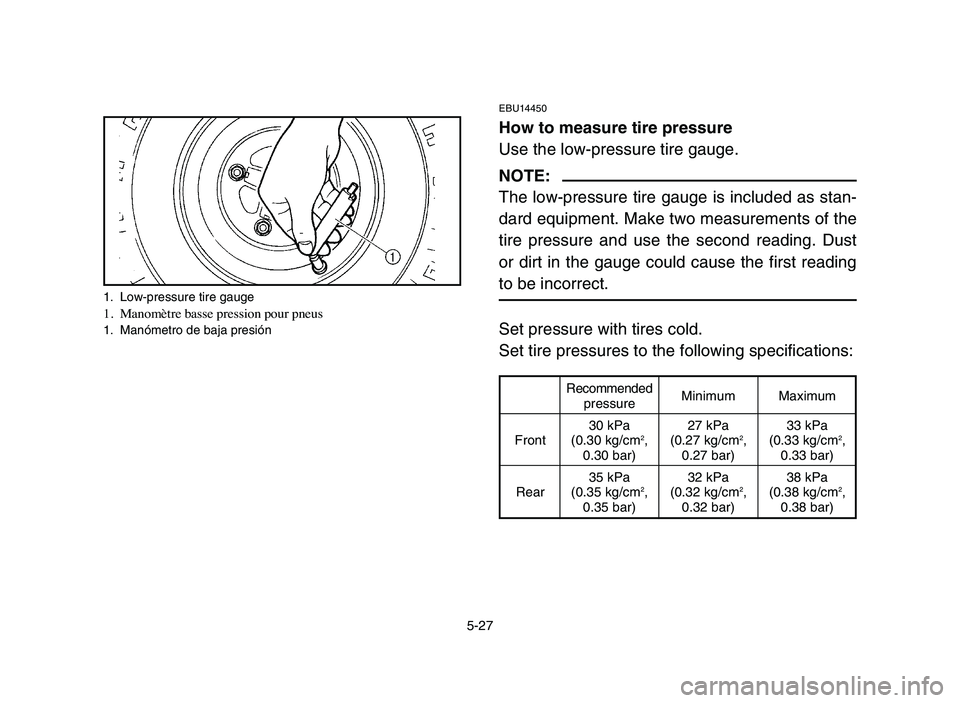 YAMAHA YFZ450 2006 Manuale de Empleo (in Spanish) 5-27
EBU14450
How to measure tire pressure
Use the low-pressure tire gauge.
NOTE:
The low-pressure tire gauge is included as stan-
dard equipment. Make two measurements of the
tire pressure and use th YAMAHA YFZ450 2006 Manuale de Empleo (in Spanish) 5-27
EBU14450
How to measure tire pressure
Use the low-pressure tire gauge.
NOTE:
The low-pressure tire gauge is included as stan-
dard equipment. Make two measurements of the
tire pressure and use th