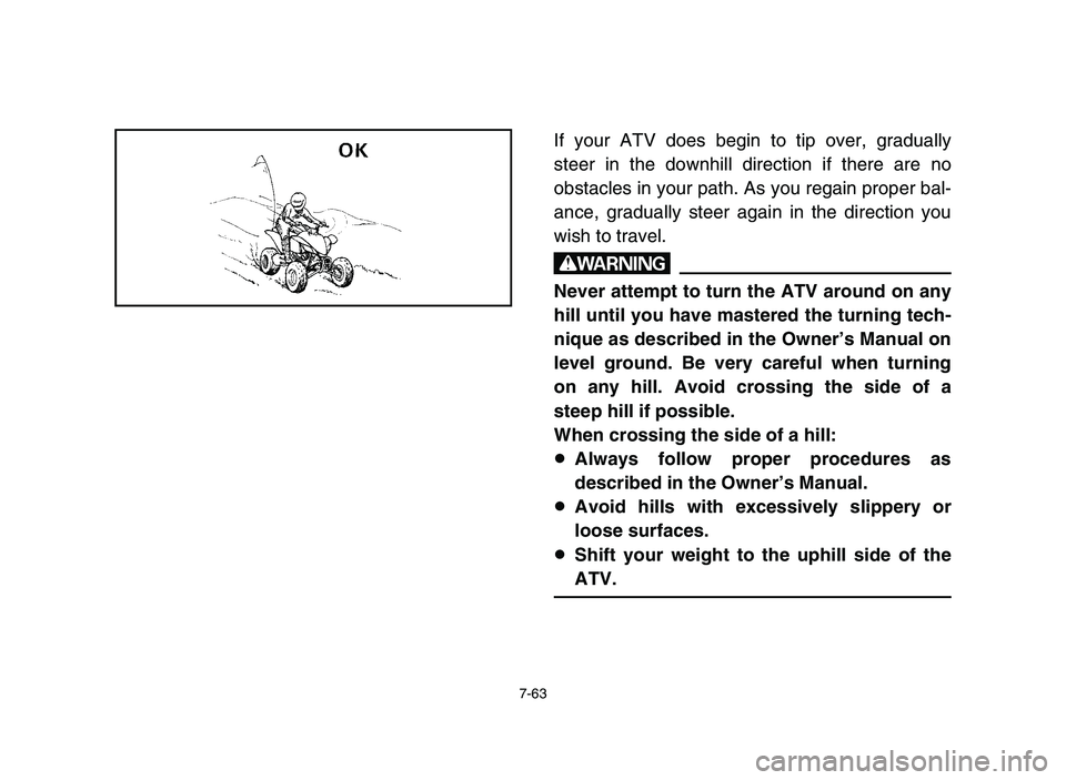 YAMAHA YFZ450 2006 Manuale de Empleo (in Spanish) 7-63
If your ATV does begin to tip over, gradually
steer in the downhill direction if there are no
obstacles in your path. As you regain proper bal-
ance, gradually steer again in the direction you
wi YAMAHA YFZ450 2006 Manuale de Empleo (in Spanish) 7-63
If your ATV does begin to tip over, gradually
steer in the downhill direction if there are no
obstacles in your path. As you regain proper bal-
ance, gradually steer again in the direction you
wi