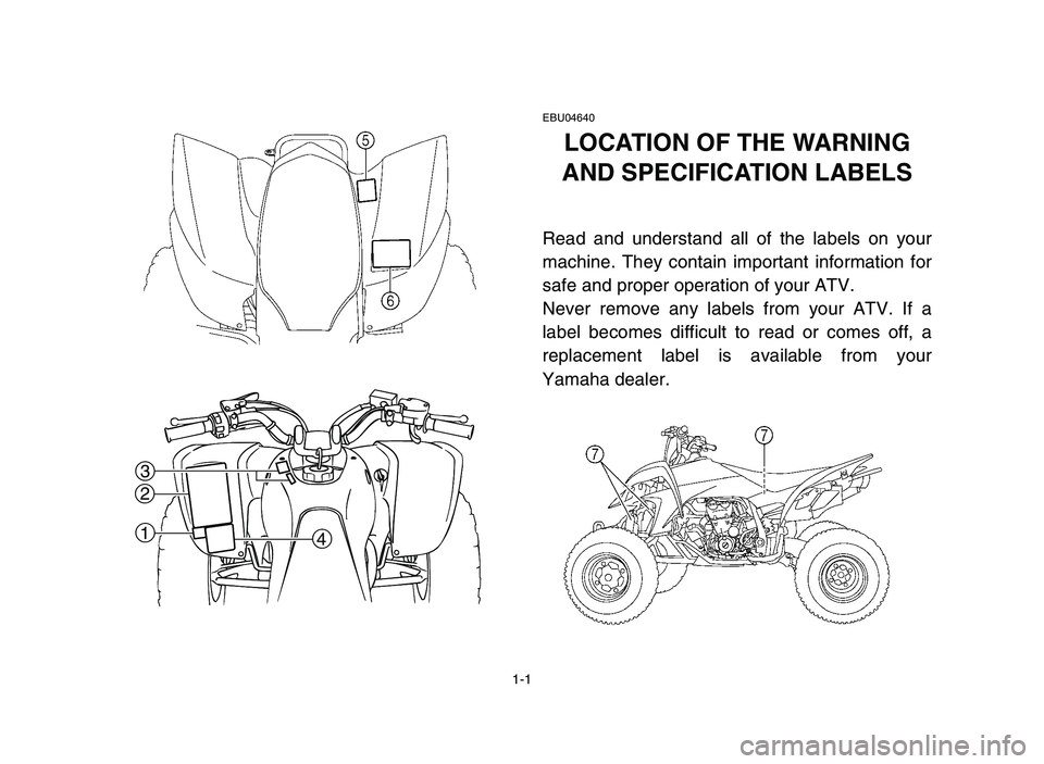 YAMAHA YFZ450 2006 Manuale de Empleo (in Spanish) 1-1
14 2
3
EBU04640
LOCATION OF THE WARNING
AND SPECIFICATION LABELS
Read and understand all of the labels on your
machine. They contain important information for
safe and proper operation of your ATV YAMAHA YFZ450 2006 Manuale de Empleo (in Spanish) 1-1
14 2
3
EBU04640
LOCATION OF THE WARNING
AND SPECIFICATION LABELS
Read and understand all of the labels on your
machine. They contain important information for
safe and proper operation of your ATV