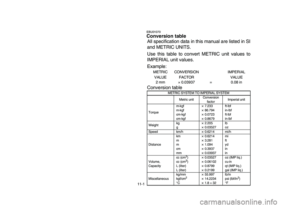 YAMAHA YFZ450 2006  Manuale de Empleo (in Spanish) All specification data in this manual are listed in SI
and METRIC UNITS. 
Use this table to convert METRIC unit values to
IMPERIAL unit values.
Example:
METRIC 
VALUECONVERSION
FACTORIMPERIAL
VALUE
2 