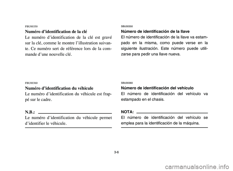 YAMAHA YFZ450 2006  Manuale de Empleo (in Spanish) 3-6
FBU00350
Numéro d’identification de la clé
Le  numéro  d’identification  de  la  clé  est  gravé
sur la clé, comme le montre l’illustration suivan-
te.  Ce  numéro  sert  de  référe