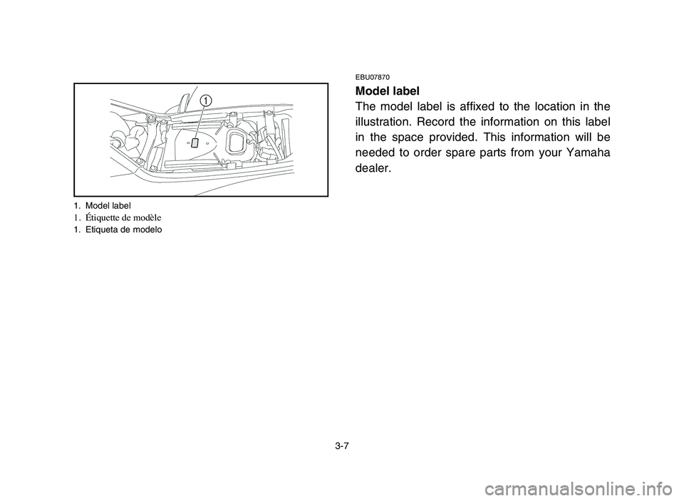 YAMAHA YFZ450 2006  Manuale de Empleo (in Spanish) 3-7
1. Model label1. Étiquette de modèle1. Etiqueta de modelo
EBU07870
Model label
The model label is affixed to the location in the
illustration. Record the information on this label
in the space p
