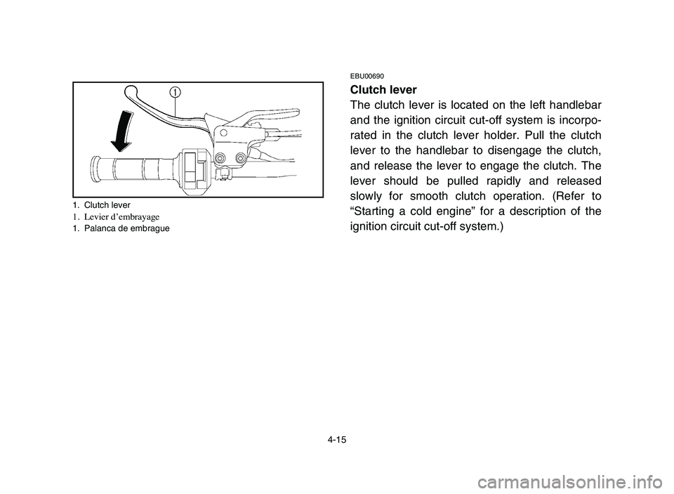 YAMAHA YFZ450 2006  Manuale de Empleo (in Spanish) 4-15
1. Clutch lever1.Levier d’embrayage1. Palanca de embrague
EBU00690
Clutch lever
The clutch lever is located on the left handlebar
and the ignition circuit cut-off system is incorpo-
rated in th