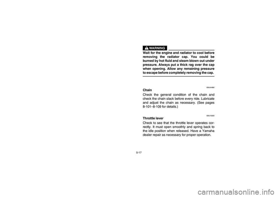 YAMAHA YFZ450 2005  Owners Manual 5-17
WARNING
_ Wait for the engine and radiator to cool before
removing the radiator cap. You could be
burned by hot fluid and steam blown out under
pressure. Always put a thick rag over the cap
when 