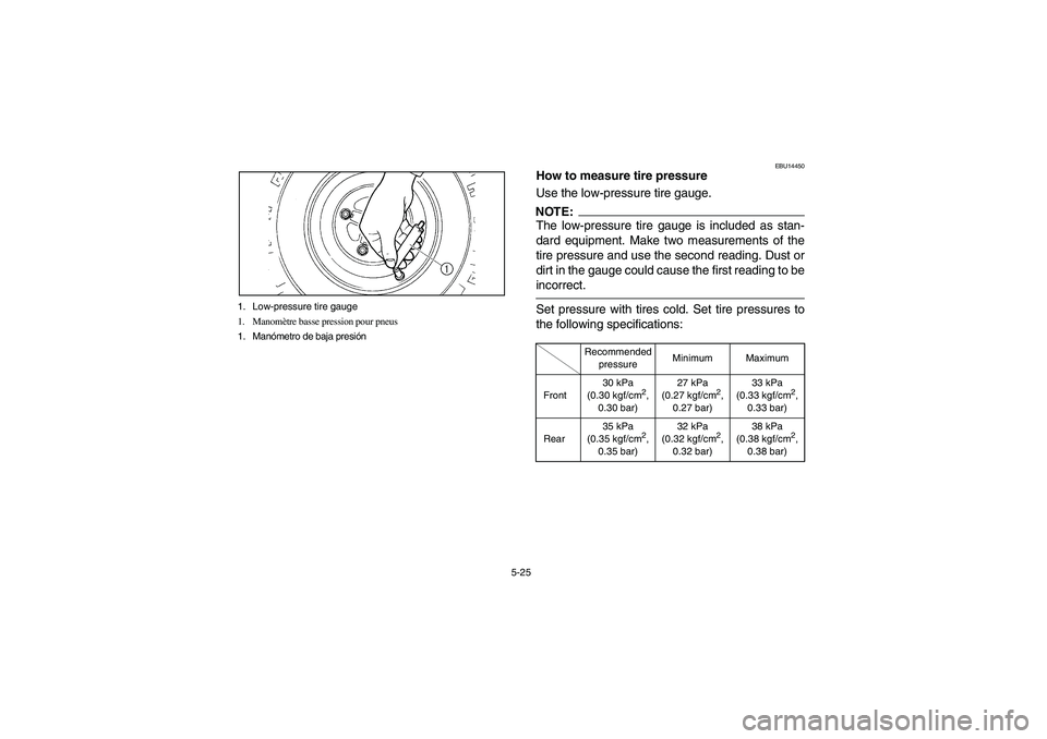 YAMAHA YFZ450 2005  Owners Manual 5-25 1. Low-pressure tire gauge
1. Manomètre basse pression pour pneus
1. Manómetro de baja presión
EBU14450
How to measure tire pressure
Use the low-pressure tire gauge.NOTE:_ The low-pressure tir