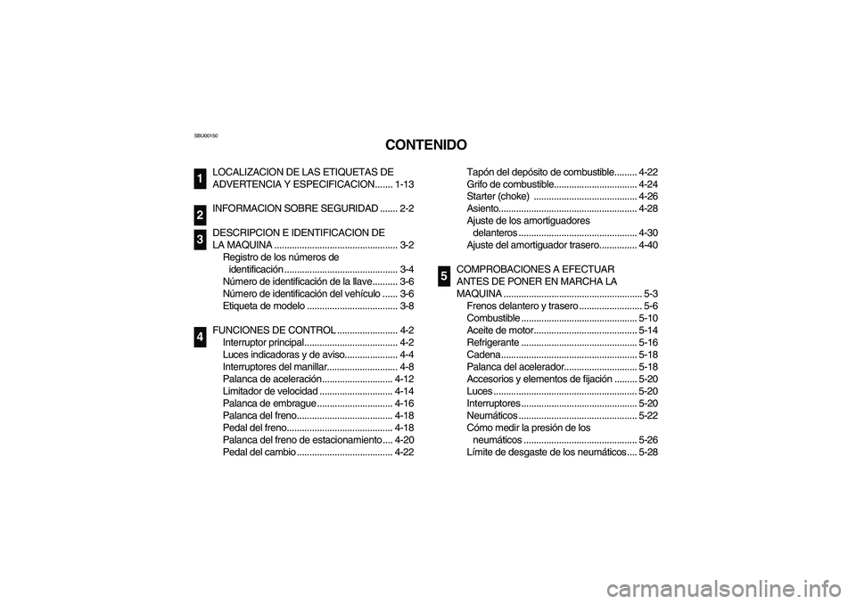 YAMAHA YFZ450 2005 Owners Manual SBU00150
CONTENIDO
LOCALIZACION DE LAS ETIQUETAS DE
ADVERTENCIA Y ESPECIFICACION....... 1-13
INFORMACION SOBRE SEGURIDAD ....... 2-2
DESCRIPCION E IDENTIFICACION DE
LA MAQUINA ..................... YAMAHA YFZ450 2005 Owners Manual SBU00150
CONTENIDO
LOCALIZACION DE LAS ETIQUETAS DE
ADVERTENCIA Y ESPECIFICACION....... 1-13
INFORMACION SOBRE SEGURIDAD ....... 2-2
DESCRIPCION E IDENTIFICACION DE
LA MAQUINA .....................
