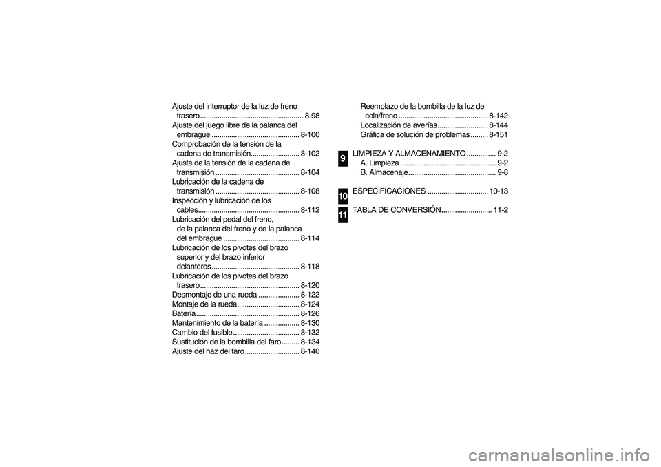 YAMAHA YFZ450 2005 Owners Manual Ajuste del interruptor de la luz de freno
trasero ..................................................... 8-98
Ajuste del juego libre de la palanca del
embrague ....................................... YAMAHA YFZ450 2005 Owners Manual Ajuste del interruptor de la luz de freno
trasero ..................................................... 8-98
Ajuste del juego libre de la palanca del
embrague .......................................