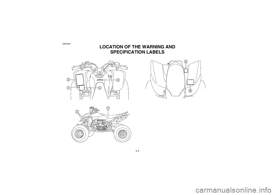 YAMAHA YFZ450 2005 Owners Manual 1-1
EBU04640
1-LOCATION OF THE WARNING AND
SPECIFICATION LABELS
U5TG61.book Page 1 Friday, April 2, 2004 11:28 AM YAMAHA YFZ450 2005 Owners Manual 1-1
EBU04640
1-LOCATION OF THE WARNING AND
SPECIFICATION LABELS
U5TG61.book Page 1 Friday, April 2, 2004 11:28 AM