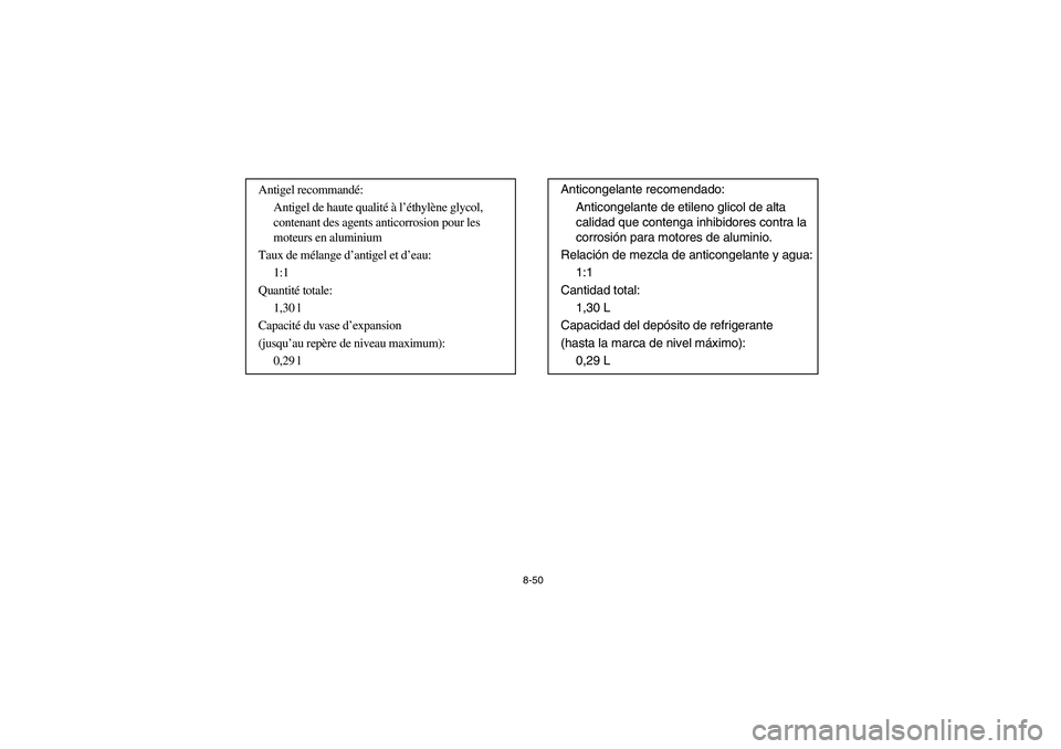 YAMAHA YFZ450 2005  Owners Manual 8-50
Antigel recommandé:
Antigel de haute qualité à l’éthylène glycol, 
contenant des agents anticorrosion pour les 
moteurs en aluminium
Taux de mélange d’antigel et d’eau:
1:1
Quantité 
