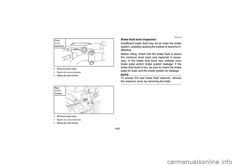 YAMAHA YFZ450 2005 Owners Manual 8-83 1. Minimum level mark
1. Repère de niveau minimum
1. Marca de nivel mínimo
Front
Avant
Delantero1. Minimum level mark
1. Repère de niveau minimum
1. Marca de nivel mínimoRear
Arrière
Trasero YAMAHA YFZ450 2005 Owners Manual 8-83 1. Minimum level mark
1. Repère de niveau minimum
1. Marca de nivel mínimo
Front
Avant
Delantero1. Minimum level mark
1. Repère de niveau minimum
1. Marca de nivel mínimoRear
Arrière
Trasero
