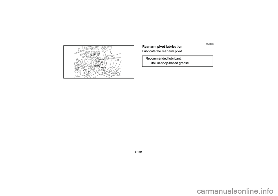 YAMAHA YFZ450 2005  Owners Manual 8-119
EBU10190
Rear arm pivot lubrication 
Lubricate the rear arm pivot.
Recommended lubricant: 
Lithium-soap-based grease 
U5TG61.book  Page 119  Friday, April 2, 2004  11:28 AM 