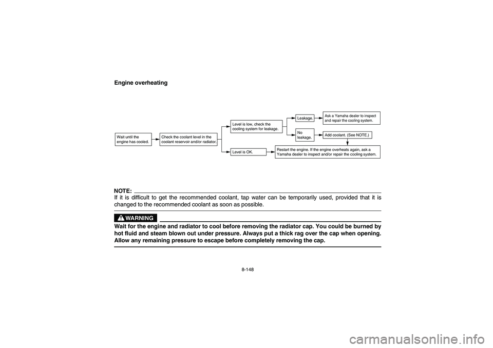 YAMAHA YFZ450 2005 Owners Manual 8-148
Engine overheatingNOTE:_ If it is difficult to get the recommended coolant, tap water can be temporarily used, provided that it is
changed to the recommended coolant as soon as possible. _
WARNI YAMAHA YFZ450 2005 Owners Manual 8-148
Engine overheatingNOTE:_ If it is difficult to get the recommended coolant, tap water can be temporarily used, provided that it is
changed to the recommended coolant as soon as possible. _
WARNI