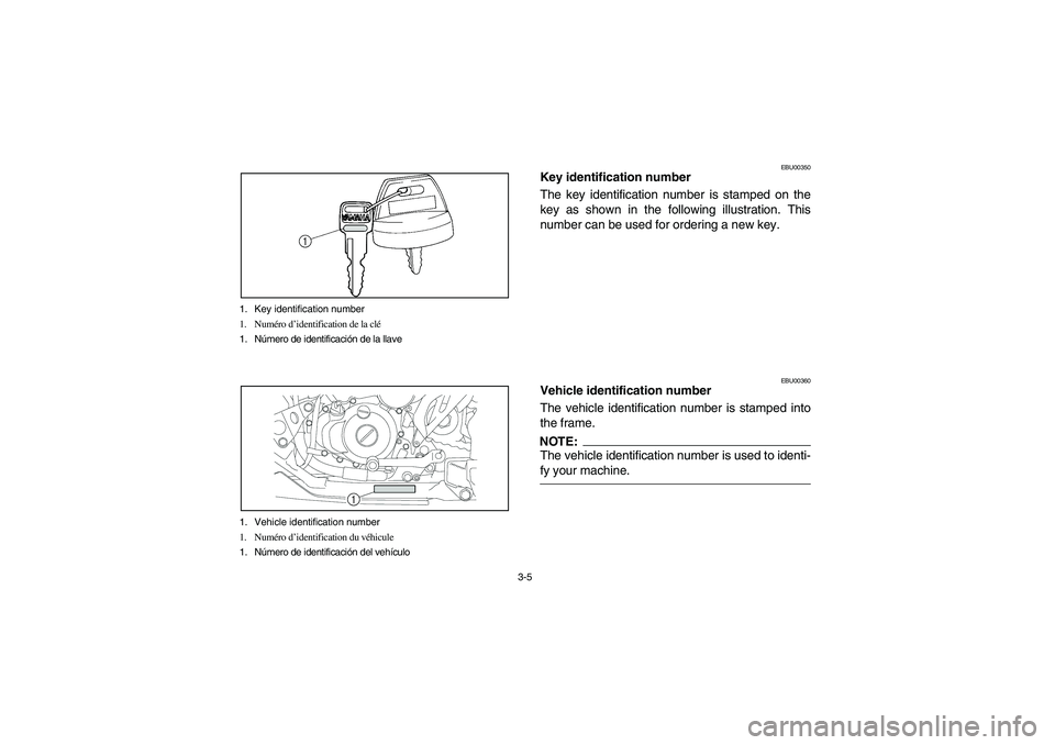 YAMAHA YFZ450 2005  Notices Demploi (in French) 3-5 1. Key identification number
1. Numéro d’identification de la clé
1. Número de identificación de la llave
1. Vehicle identification number
1. Numéro d’identification du véhicule
1. Núme