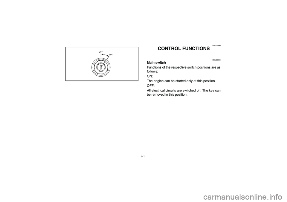YAMAHA YFZ450 2005 Manual PDF 4-1
EBU00400
1-CONTROL FUNCTIONS 
EBU00420
Main switch
Functions of the respective switch positions are as
follows:
ON:
The engine can be started only at this position.
OFF:
All electrical circuits ar